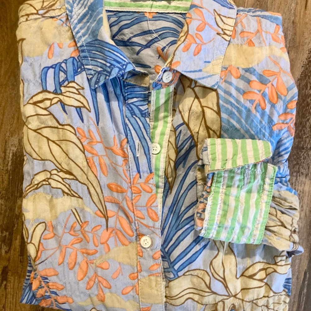 J. McLaughlin Tropical Print Button-Down Shirt in Blue & Orange Resort Luxury - Picture 8 of 16